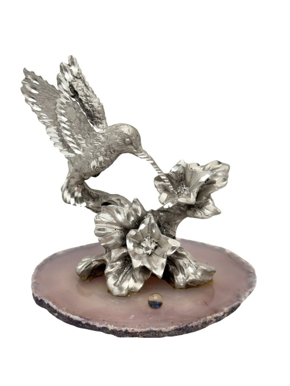 Pewter Hummingbird & Hibiscus Vtg Figurine Separate Agate Base 3.5"
